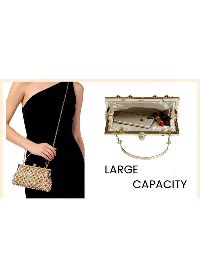 Beaded Evening Clutch Bag for Women, Rhinestone & Pearl Embellished Handbag with Gold Metal Frame, Elegant Party Purse with Detachable Chain Strap - Image 3
