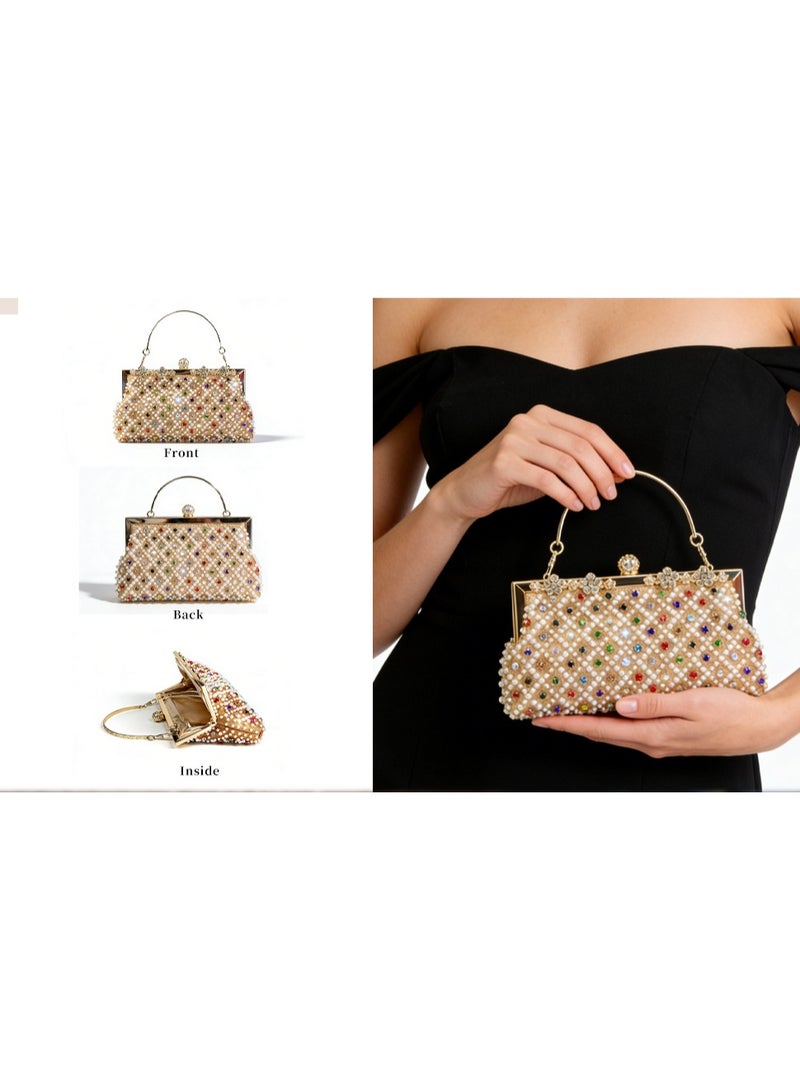 Beaded Evening Clutch Bag for Women, Rhinestone & Pearl Embellished Handbag with Gold Metal Frame, Elegant Party Purse with Detachable Chain Strap - Image 5