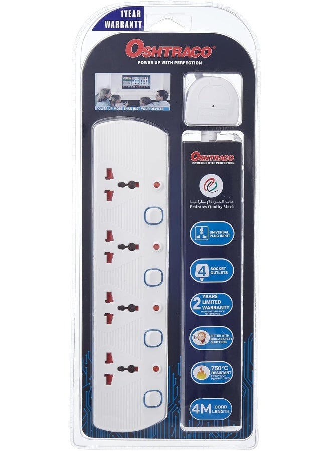 Oshtraco 4-Way Universal Extension Socket with 4 Meter Wire, Multicolor - Image 1