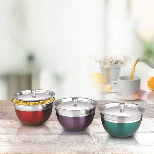 Shri & Sam Stainless Steel Serving Bowl with Stainless Steel Lid, 3 Pieces, Silver (Infinity) - Image 2