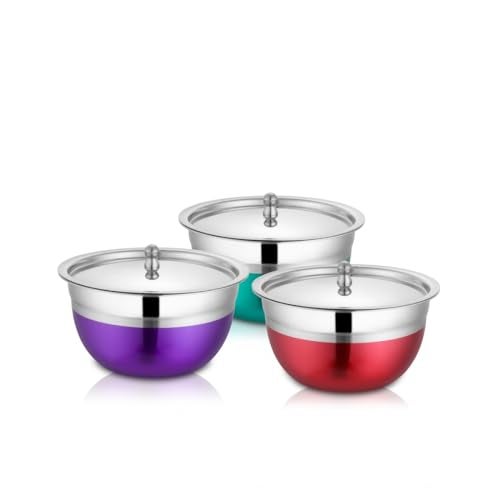 Shri & Sam Stainless Steel Serving Bowl with Stainless Steel Lid, 3 Pieces, Silver (Infinity) - Image 1