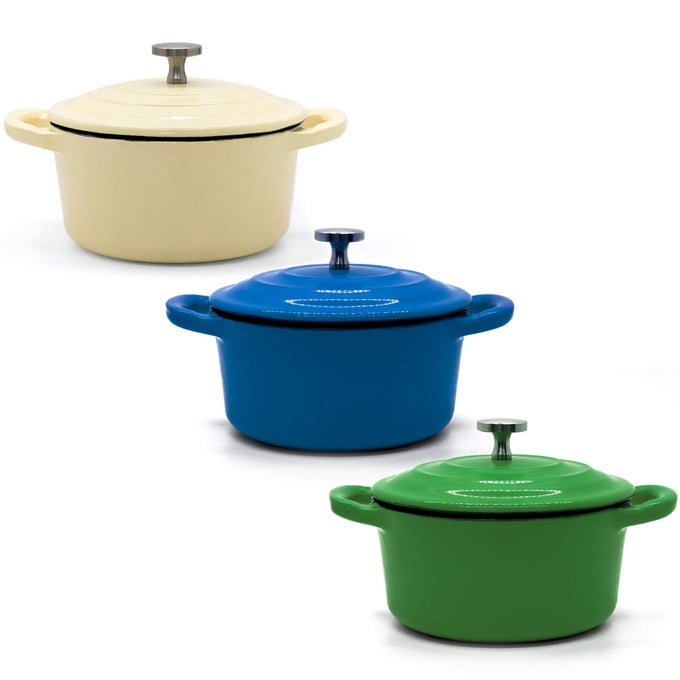 85 OZ PRESEASONED CAST IRON CAMP DUTCH OVEN WITH HANDLE ENAMELED BLUE GREEN WHITE SET OF 3