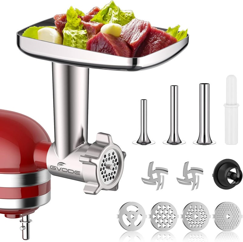 GVODE Metal Food Grinder Attachment for KitchenAid Stand Mixers, Meat Grinder for Kitchen Aid Included 3 Sausage Stuffer Tubes, 4 Grinding Plates, 2 Grinding Blades, Kubbe Meat Processor Accessories - Image 1