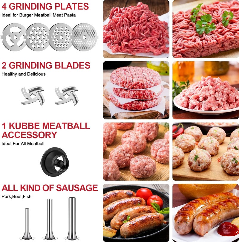 GVODE Metal Food Grinder Attachment for KitchenAid Stand Mixers, Meat Grinder for Kitchen Aid Included 3 Sausage Stuffer Tubes, 4 Grinding Plates, 2 Grinding Blades, Kubbe Meat Processor Accessories - Image 4