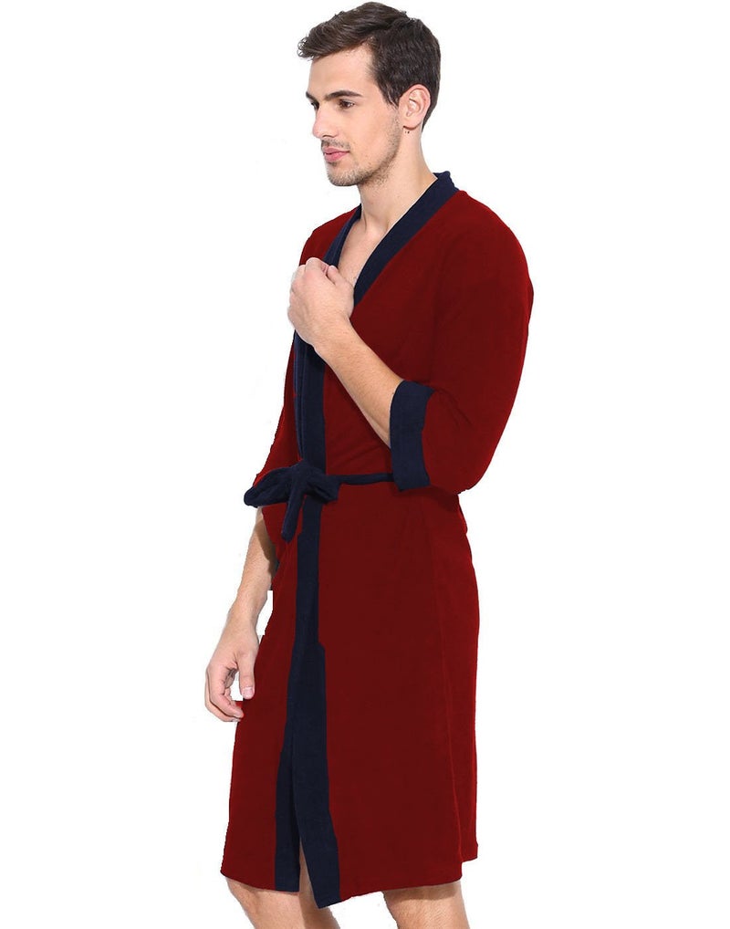 ELEVANTO Bathrobes For Mens Collection 34 Sleeve Soft Terry Cotton Bathrobe Free SizeREDNAVY - Image 2