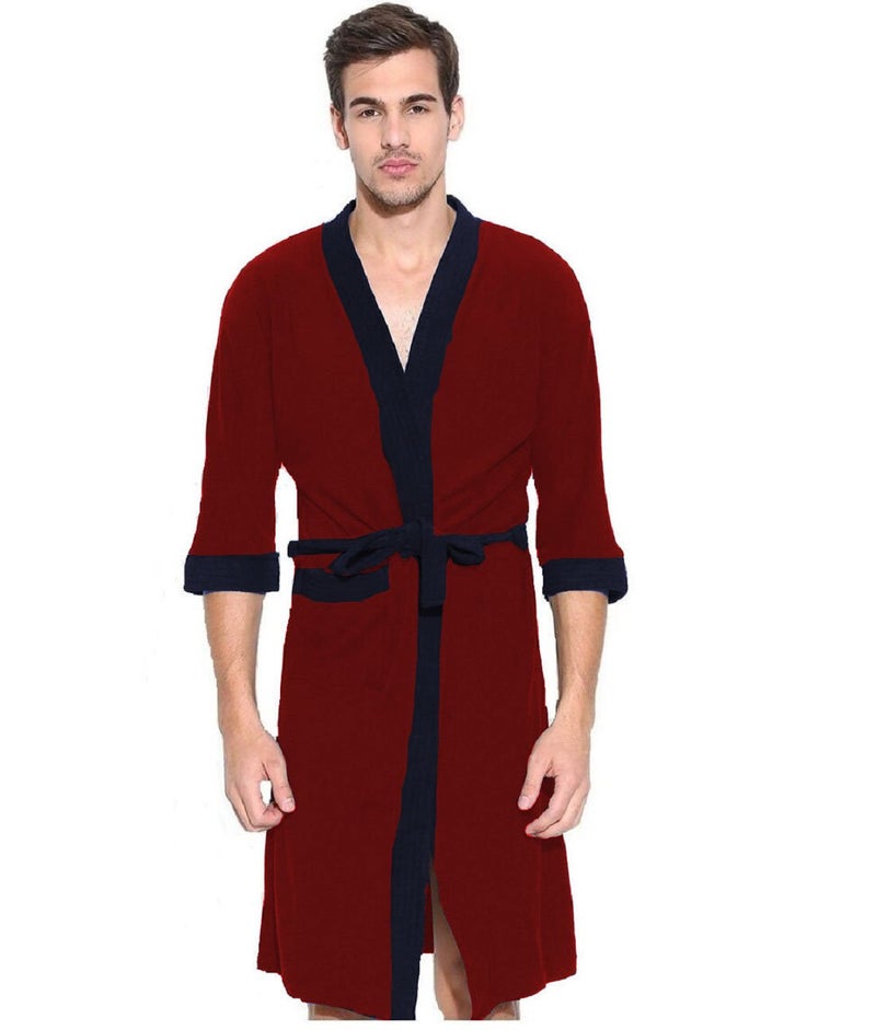 ELEVANTO Bathrobes For Mens Collection 34 Sleeve Soft Terry Cotton Bathrobe Free SizeREDNAVY - Image 1