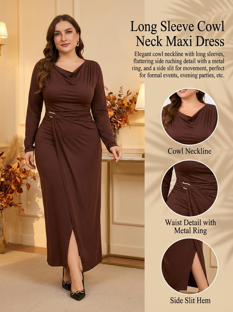 Ekaliy Womens Casual Long Sleeve Fitted Dress Cowl Neck Ruched Waist Bodycon Long Dress Brown 2XL - Image 5