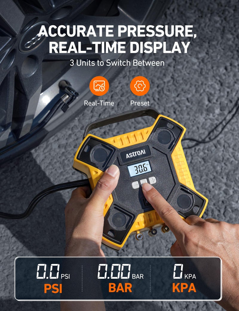 AstroAI ضاغط هواء أسترو إيه آي لتضخيم الإطارات، مضخة هواء محمولة لإطارات السيارات، 12 فولت DC هيكل معدني متكامل مضخة إطارات 160 PSI مع ضوء LED للسيارات والدراجات النارية وغيرها من الأشياء القابلة للتضخيم (أصفر) - Image 2