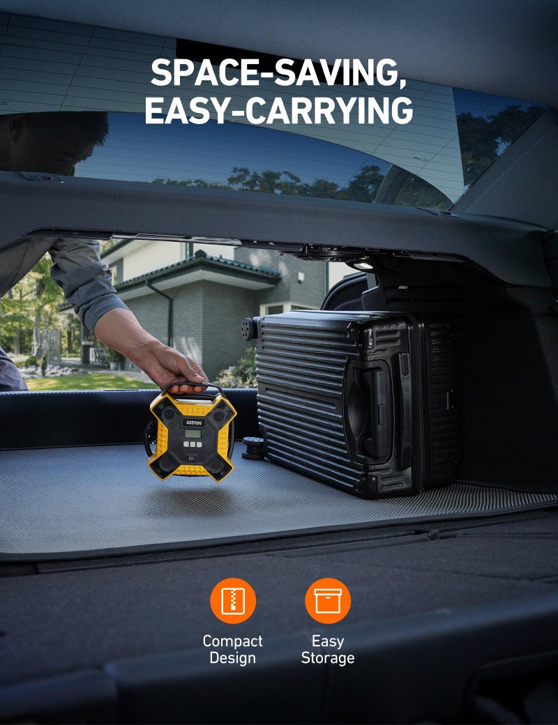 AstroAI ضاغط هواء أسترو إيه آي لتضخيم الإطارات، مضخة هواء محمولة لإطارات السيارات، 12 فولت DC هيكل معدني متكامل مضخة إطارات 160 PSI مع ضوء LED للسيارات والدراجات النارية وغيرها من الأشياء القابلة للتضخيم (أصفر) - Image 4