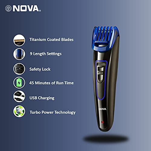 Nova NHT-1071 Titanium Coated Cordless: 45 Minutes USB Trimmer for Men (Black/Blue) - Image 2
