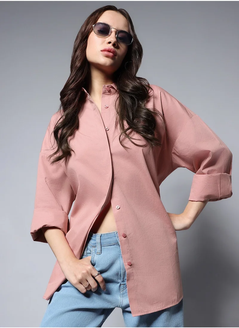 هاي ستار Pink Oversized Casual Long Sleeve Cotton Shirt for Women