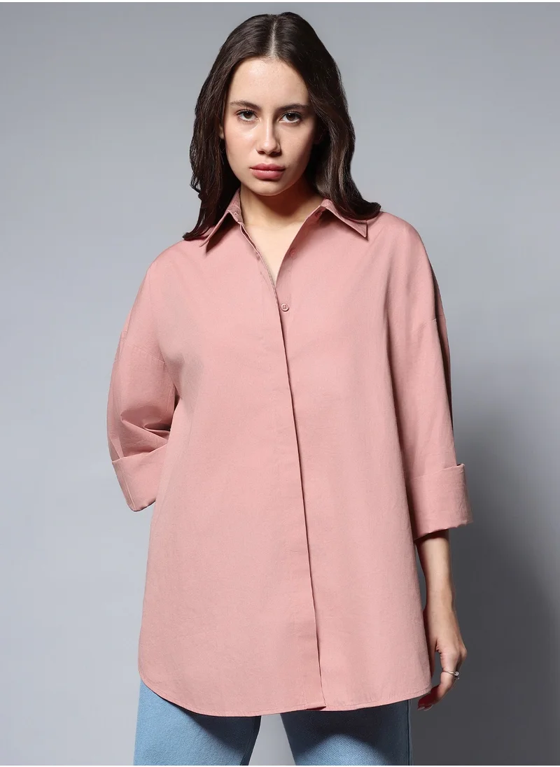 HIGH STAR Pink Oversized Casual Long Sleeve Cotton Shirt for Women