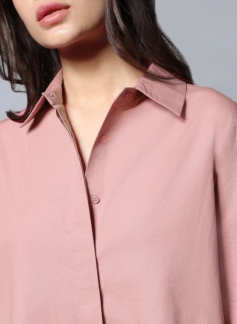 هاي ستار Pink Oversized Casual Long Sleeve Cotton Shirt for Women