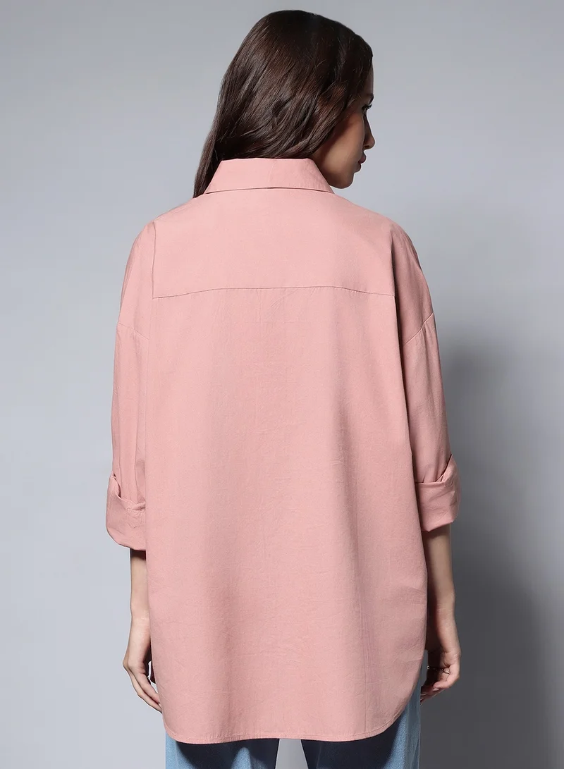 هاي ستار Pink Oversized Casual Long Sleeve Cotton Shirt for Women
