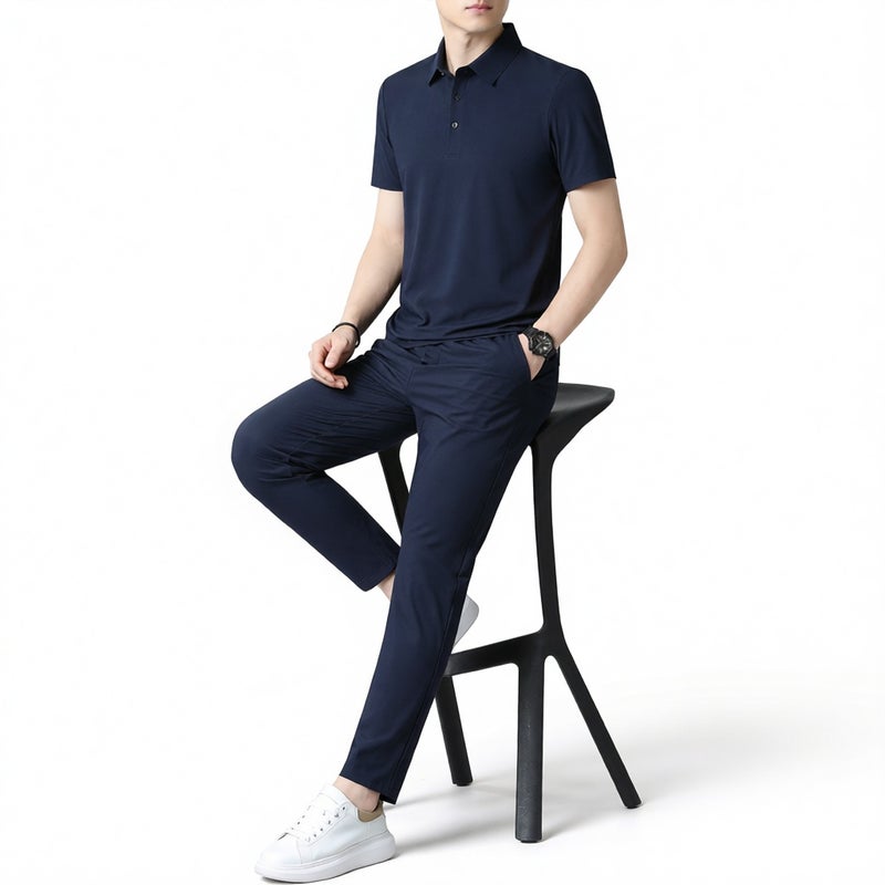 Men's Summer Cooling Ice Silk Seamless Short Sleeve T-Shirt and Elastic Waist Long Pants Two-Piece Lounge Set
