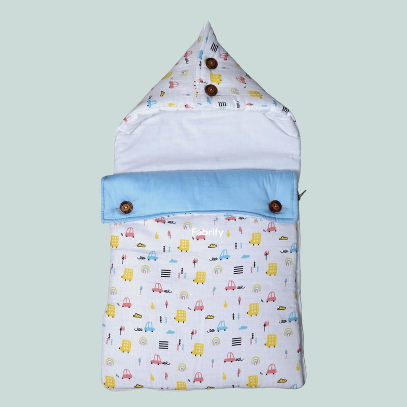 Fabrify 3 in 1 Baby Sleeping Bag & Carry Nest | Muslin Cotton Bedding Set for Infants & New Born Baby | Portable/Travel & Skin Friendly | 0-6 Months (car 2) - Image 1