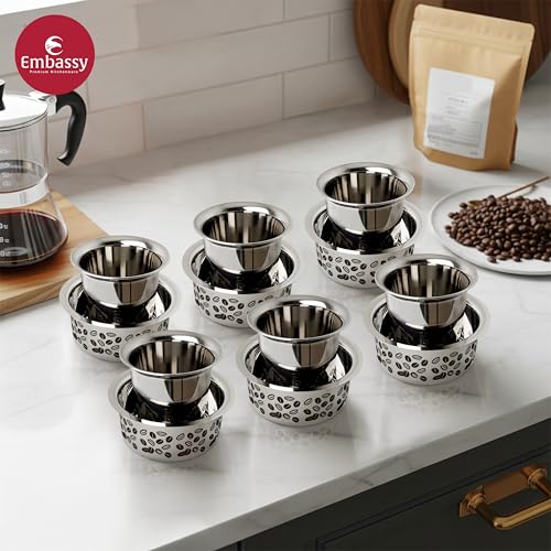 EMBASSY Stainless Steel Aroma Coffee Glass with Dabra (with Coffee Bean Laser Design) | Capacity - 150 ml | Pack of 6 | Traditional South Indian Filter | Multipurpose Steel Glass - Image 4