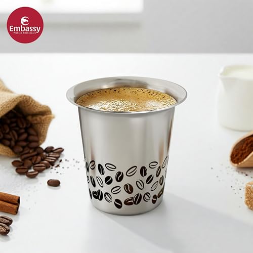 EMBASSY Stainless Steel Aroma Coffee Glass with Dabra (with Coffee Bean Laser Design) | Capacity - 150 ml | Pack of 6 | Traditional South Indian Filter | Multipurpose Steel Glass - Image 3