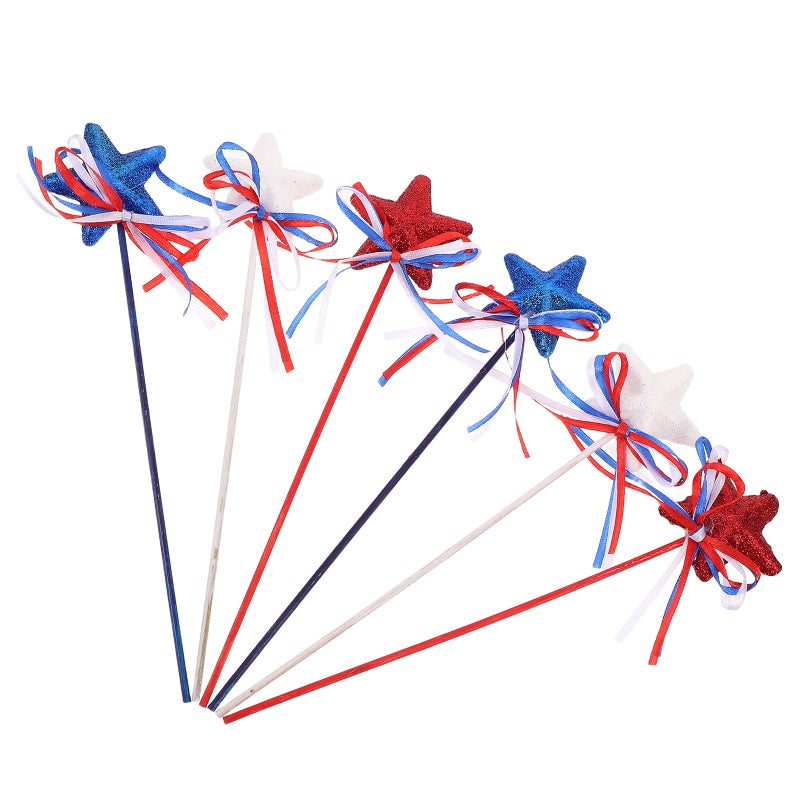 6pcs Independence Day Star Stem Picks: Star with Bowknot Ribbon Patriotic for Celebrations - 4th of July Vase Decor - Image 1