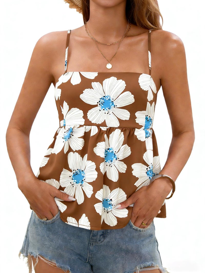 Yousify Womens Babydoll Tank Tops Spaghetti Strap Floral Cami Top Summer Cute Square Neck Flowy Peplum Shirts Brown - Image 1