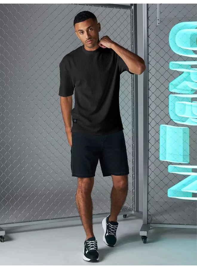 Maniac Mens Solid Round Neck 3/4th Sleeve Black Seersucker CottonBlend Oversized T-Shirt  - Image 5