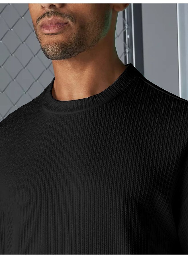 Maniac Mens Solid Round Neck 3/4th Sleeve Black Seersucker CottonBlend Oversized T-Shirt  - Image 3