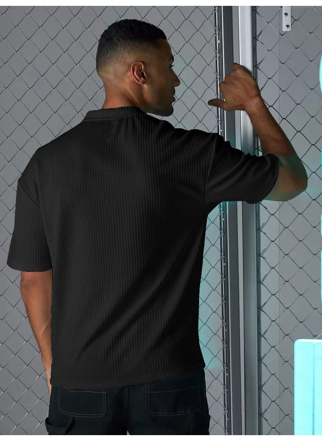 Maniac Mens Solid Round Neck 3/4th Sleeve Black Seersucker CottonBlend Oversized T-Shirt  - Image 2
