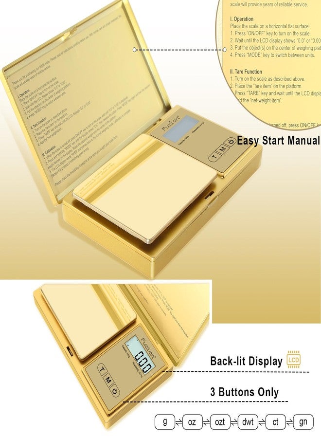 Fuzion Gram Scale, 200gx0.01g Digital Pocket Scale Gold Titanium Plating, High Precision Small Scale, 6 Units Jewelry Scale with Back-Lit LCD, Tare Function for Food, Powder, Herb, Arrow, Travel - Image 2
