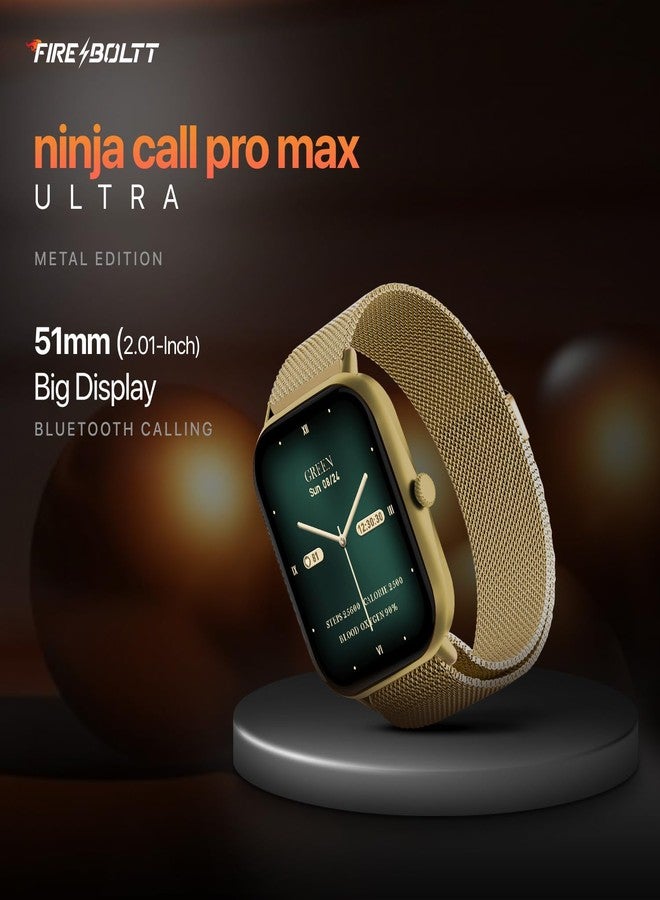 Fire-Boltt ساعة Fire-Boltt Ninja Call Pro Max Ultra الذكية للمكالمات عبر البلوتوث، شاشة عالية الدقة 2.01 بوصة، أكثر من 120 وضعًا رياضيًا، مجموعة أدوات صحية، مساعد صوتي بتقنية الذكاء الاصطناعي، ساعة ذكية لقياس تشبع الأكسجين في الدم (SpO2) للرجال والنساء - رابط ذهبي - Image 1