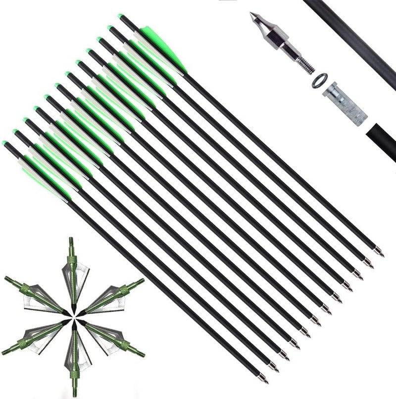 IRQ 20 Inch Carbon Crossbow Bolt and Crossbow Broadheads Set, 12 Pcs Hunting Carbon Arrows for Crossbow with 3 Blade Broadheads 6 Pcs for Archery Practise Hunting Crossbow Arrows - Image 1