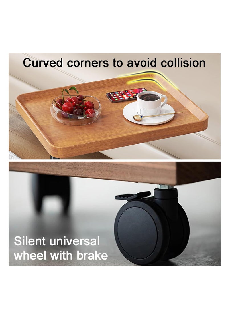 C-Shaped Side End Table, Liftable Table for Couch, 360° Rotating Couch Tray Table with Wooden Desktop Metal Frame and Universal Wheel