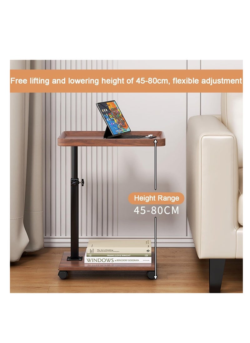 C-Shaped Side End Table, Liftable Table for Couch, 360° Rotating Couch Tray Table with Wooden Desktop Metal Frame and Universal Wheel