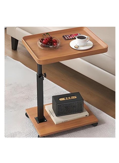 C-Shaped Side End Table, Liftable Table for Couch, 360° Rotating Couch Tray Table with Wooden Desktop Metal Frame and Universal Wheel