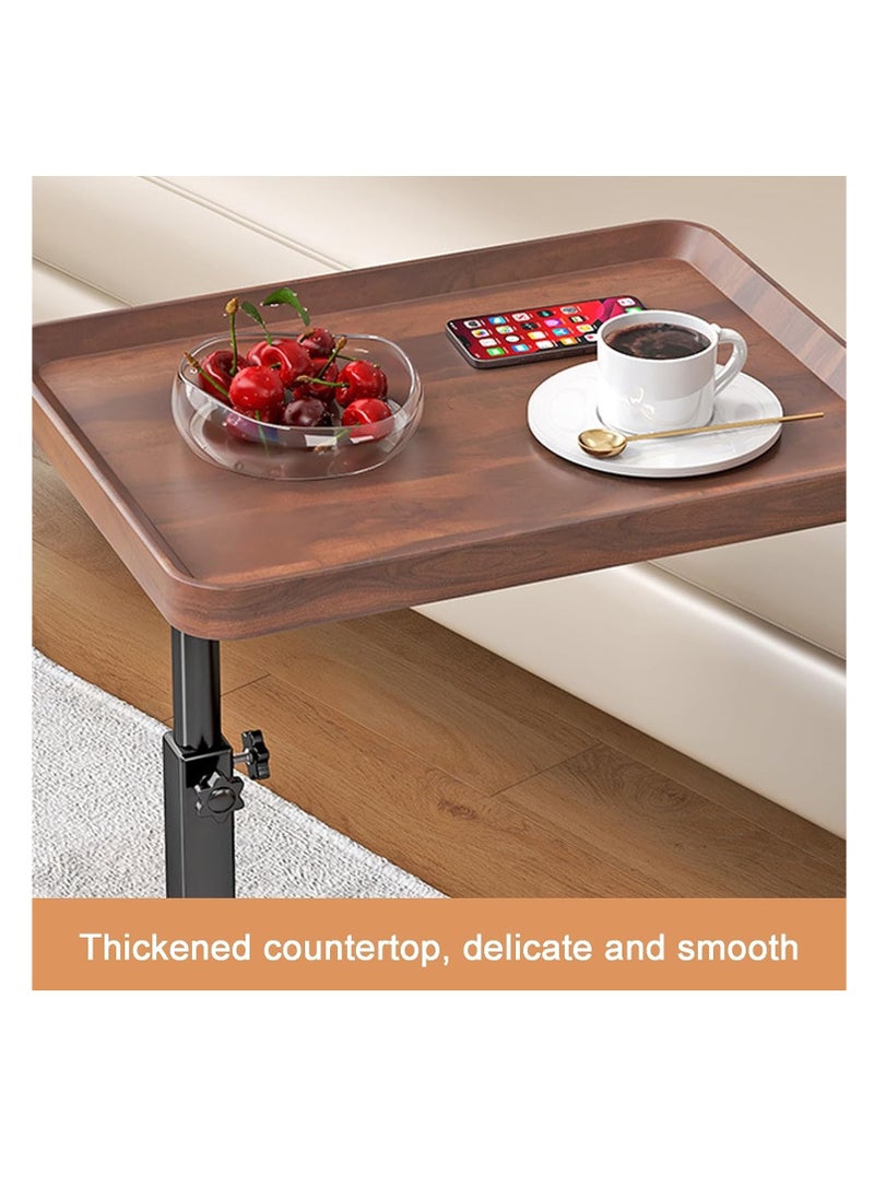 C-Shaped Side End Table, Liftable Table for Couch, 360° Rotating Couch Tray Table with Wooden Desktop Metal Frame and Universal Wheel