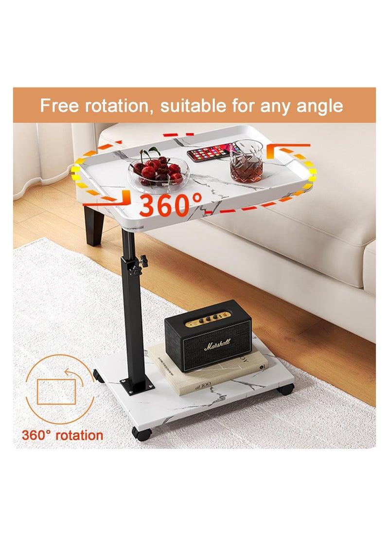 C-Shaped Side End Table, Liftable Table for Couch, 360° Rotating Couch Tray Table with Wooden Desktop Metal Frame and Universal Wheel