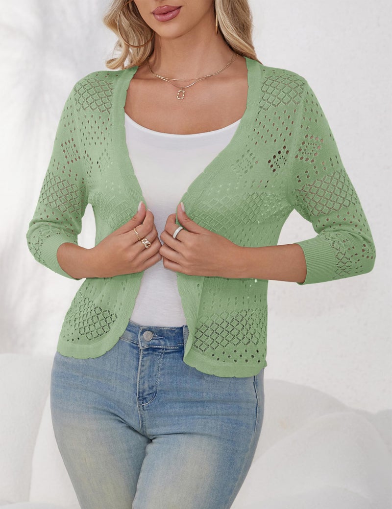 REDHOTYPE Women's 3/4 Sleeve Cardigan Open Front Cropped Shrugs Summer Hollowed Lightweight Cardigans Sweater,Light Green,L - Image 2