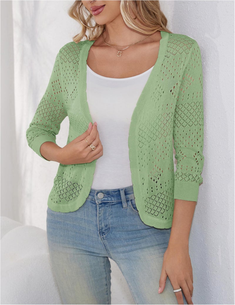 REDHOTYPE Women's 3/4 Sleeve Cardigan Open Front Cropped Shrugs Summer Hollowed Lightweight Cardigans Sweater,Light Green,L - Image 3