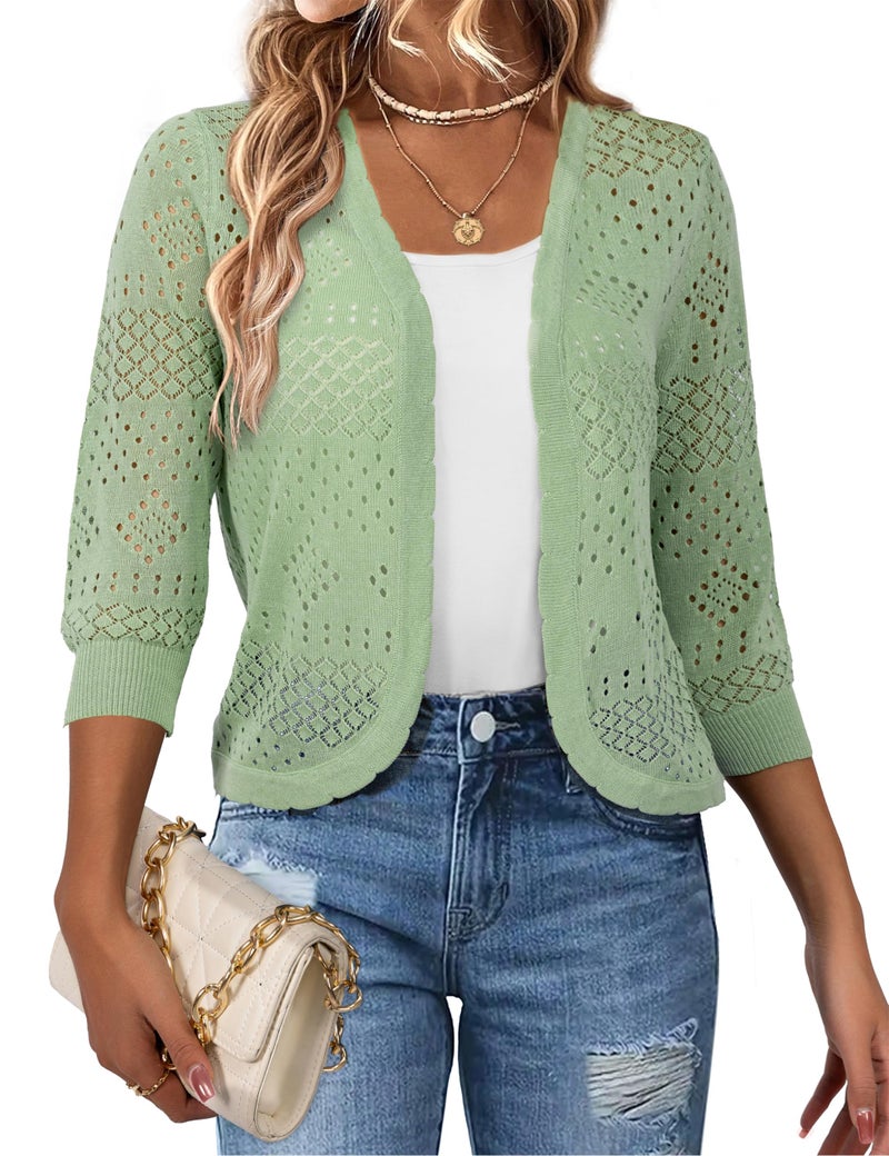 REDHOTYPE Women's 3/4 Sleeve Cardigan Open Front Cropped Shrugs Summer Hollowed Lightweight Cardigans Sweater,Light Green,L - Image 1