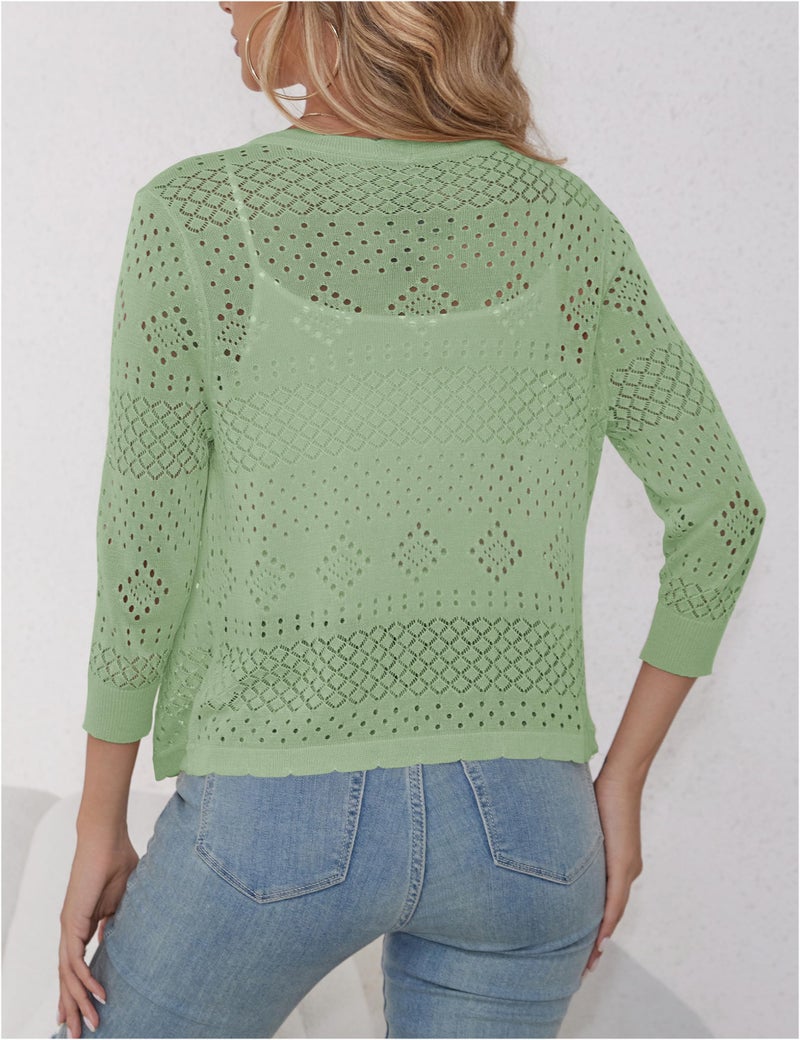 REDHOTYPE Women's 3/4 Sleeve Cardigan Open Front Cropped Shrugs Summer Hollowed Lightweight Cardigans Sweater,Light Green,L - Image 4