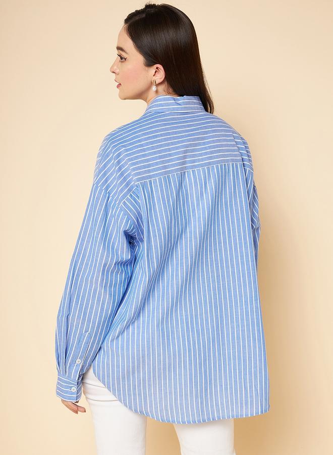 HIGH STAR Women'S Blue 100% Cotton Solid Pattern Button Down Shirt - Image 3
