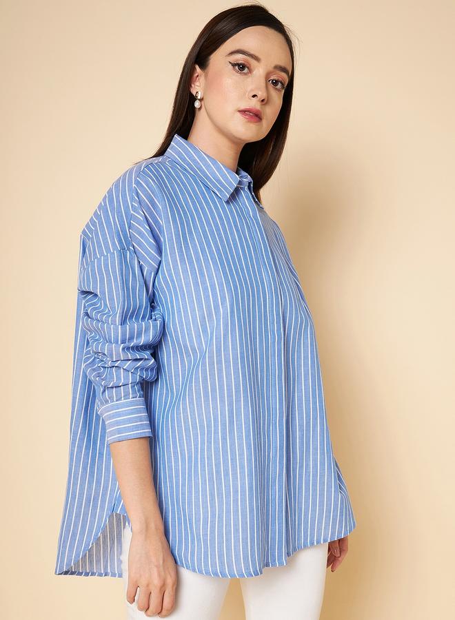 HIGH STAR Women'S Blue 100% Cotton Solid Pattern Button Down Shirt - Image 2