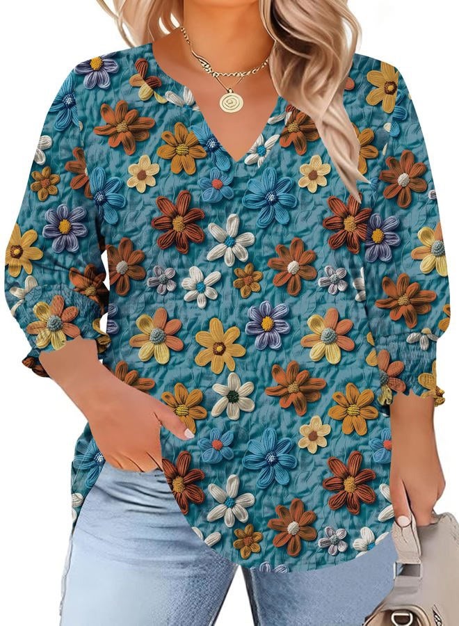 TFSDOD Womens Plus Size Tops 3/4 Sleeve Blouses Summer V Neck Shirts Smocked Cuffs Spring Outfits 1X-5X, Blue Red Floral, 3XL Plus - Image 1