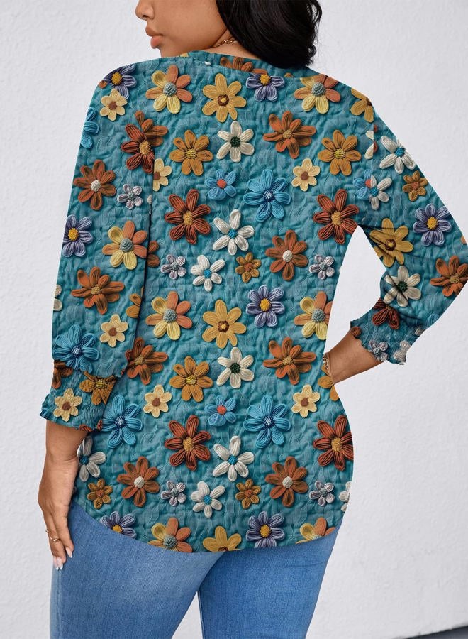 TFSDOD Womens Plus Size Tops 3/4 Sleeve Blouses Summer V Neck Shirts Smocked Cuffs Spring Outfits 1X-5X, Blue Red Floral, 3XL Plus - Image 3