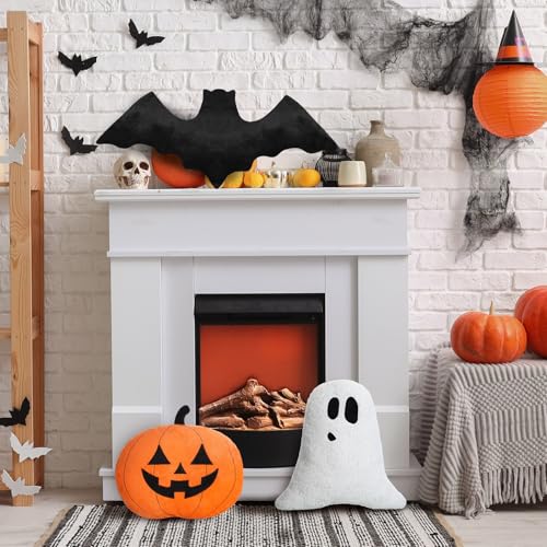 Huwena 3 Pcs Halloween Pillow Happy Halloween Decor Pumpkin Ghost Bat Shaped Throw Pillow Crystal Velvet Wool Decorative Cushion Pillowcase for Couch Sofa Bed Decoration(Orange) - Image 4
