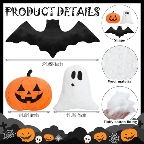 Huwena 3 Pcs Halloween Pillow Happy Halloween Decor Pumpkin Ghost Bat Shaped Throw Pillow Crystal Velvet Wool Decorative Cushion Pillowcase for Couch Sofa Bed Decoration(Orange) - Image 3