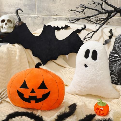 Huwena 3 Pcs Halloween Pillow Happy Halloween Decor Pumpkin Ghost Bat Shaped Throw Pillow Crystal Velvet Wool Decorative Cushion Pillowcase for Couch Sofa Bed Decoration(Orange) - Image 5