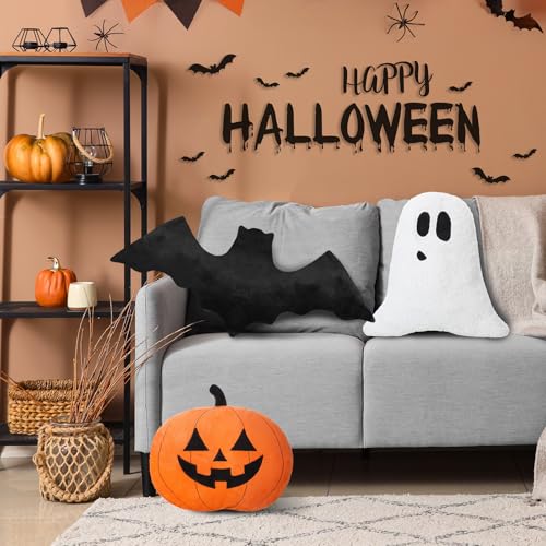 Huwena 3 Pcs Halloween Pillow Happy Halloween Decor Pumpkin Ghost Bat Shaped Throw Pillow Crystal Velvet Wool Decorative Cushion Pillowcase for Couch Sofa Bed Decoration(Orange) - Image 2