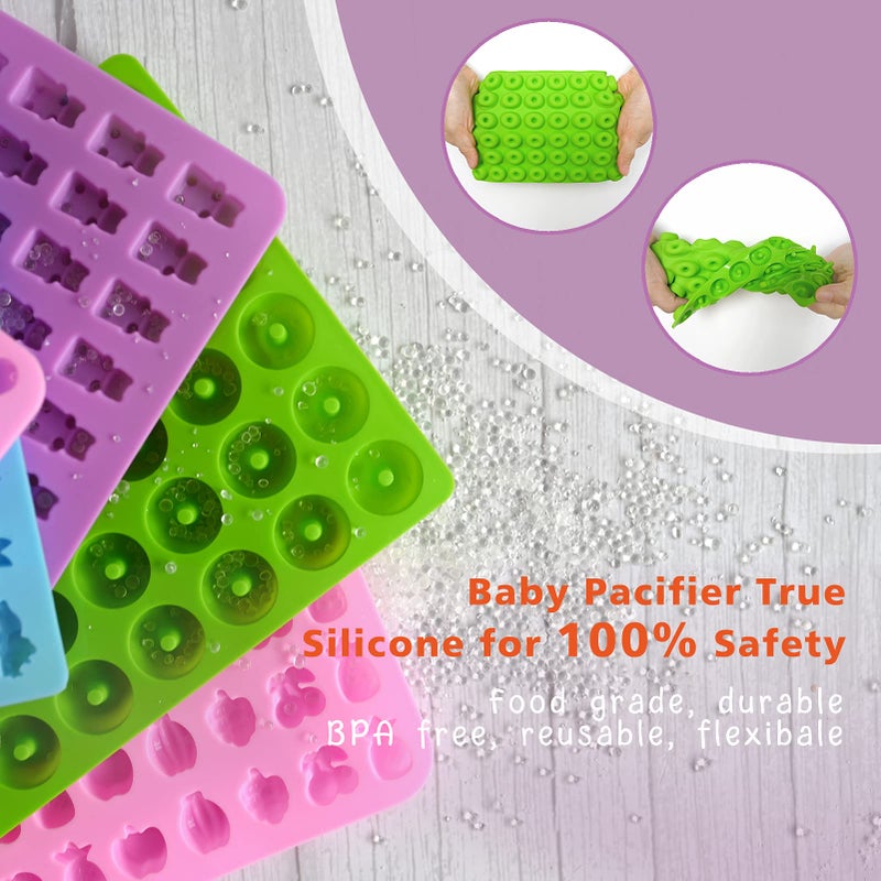HKNMTT Gummy Bear Molds Silicone 32PCS, Non-stick Chocolate Candy Mold 18 Shapes for 327 Candies, With 4 Droppers, Clean Brush, Storage Box, 20 Wrappers, Including Dinosaur Mini Donut Fruit Animals Shaped - Image 3