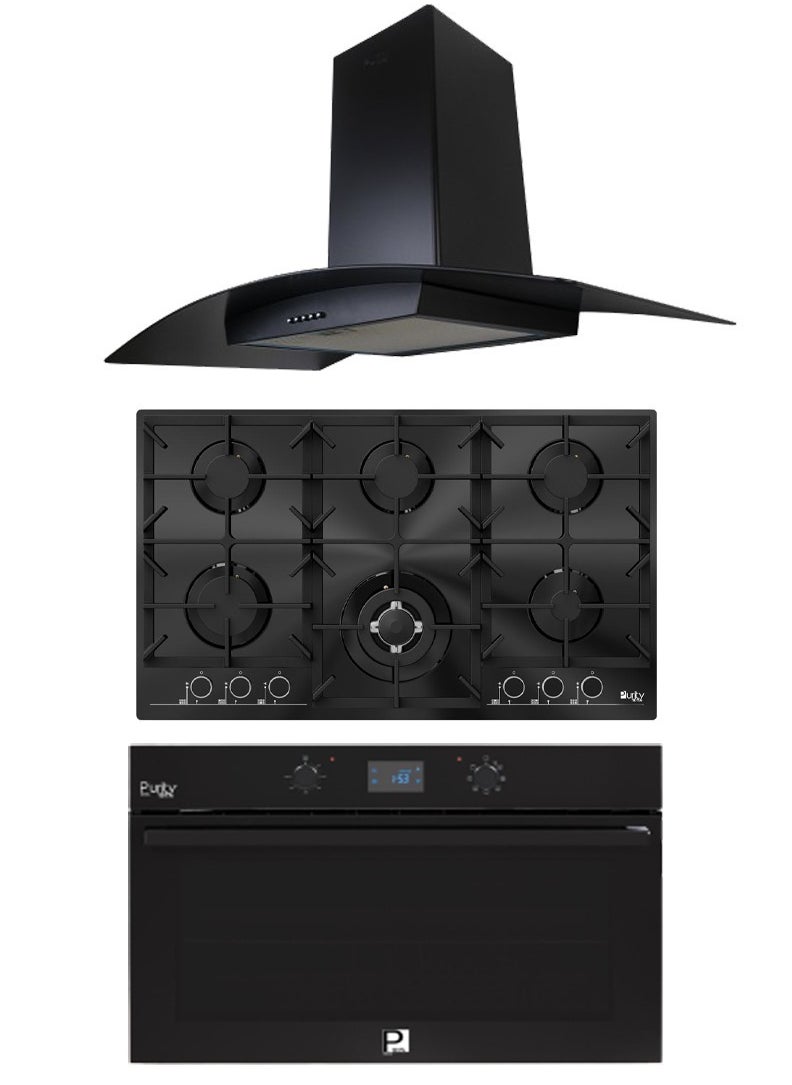Purity Purity set consisting of a 750 m³ curvy hood - a hob, 6 black crystal burners - a 90 cm digital oven, full gas 