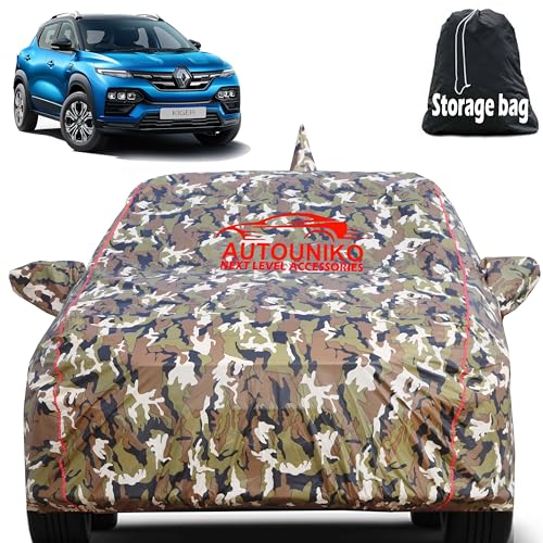 AUTOUNIKO Waterproof Car Body Cover for Renault Kiger with Mirror and Antenna Pocket and Soft Cotton Lining (Full Bottom Elastic Triple Stitched) (Jungle Print with Red Piping) - Image 1